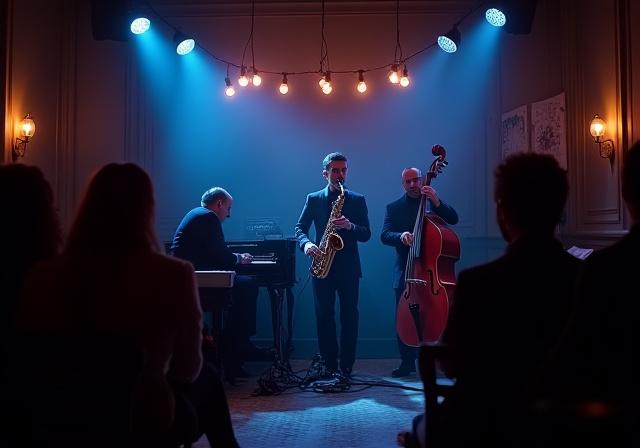 Ein Jazz-Trio spielt stimmungsvoll auf einer kleinen Bühne im Kaffeehaus.